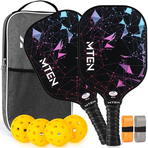 MTEN Pickleball Paddles Set of 2, USAPA Approved Fiberglass Surface Pickleball Set with 2 Pickleball Rackets,4 Pickleball Balls,1 Portable Carry Bag, Pickle Racket Set for Men Women