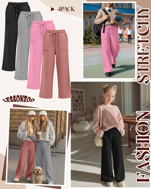 LessonZoo 4 Pack Girls' Straight Leg Sweatpants, Kids Drawstring Casual Joggers Teen Loose Open Bottom Pants with Pockets(Coral Pink, Pink, Light Gray, Black,Large)