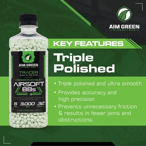 Aim Green Tracer Biodegradable Airsoft BBs - Glow-in-The-Dark, 3,000 Count, .20/.25/.32 Grams