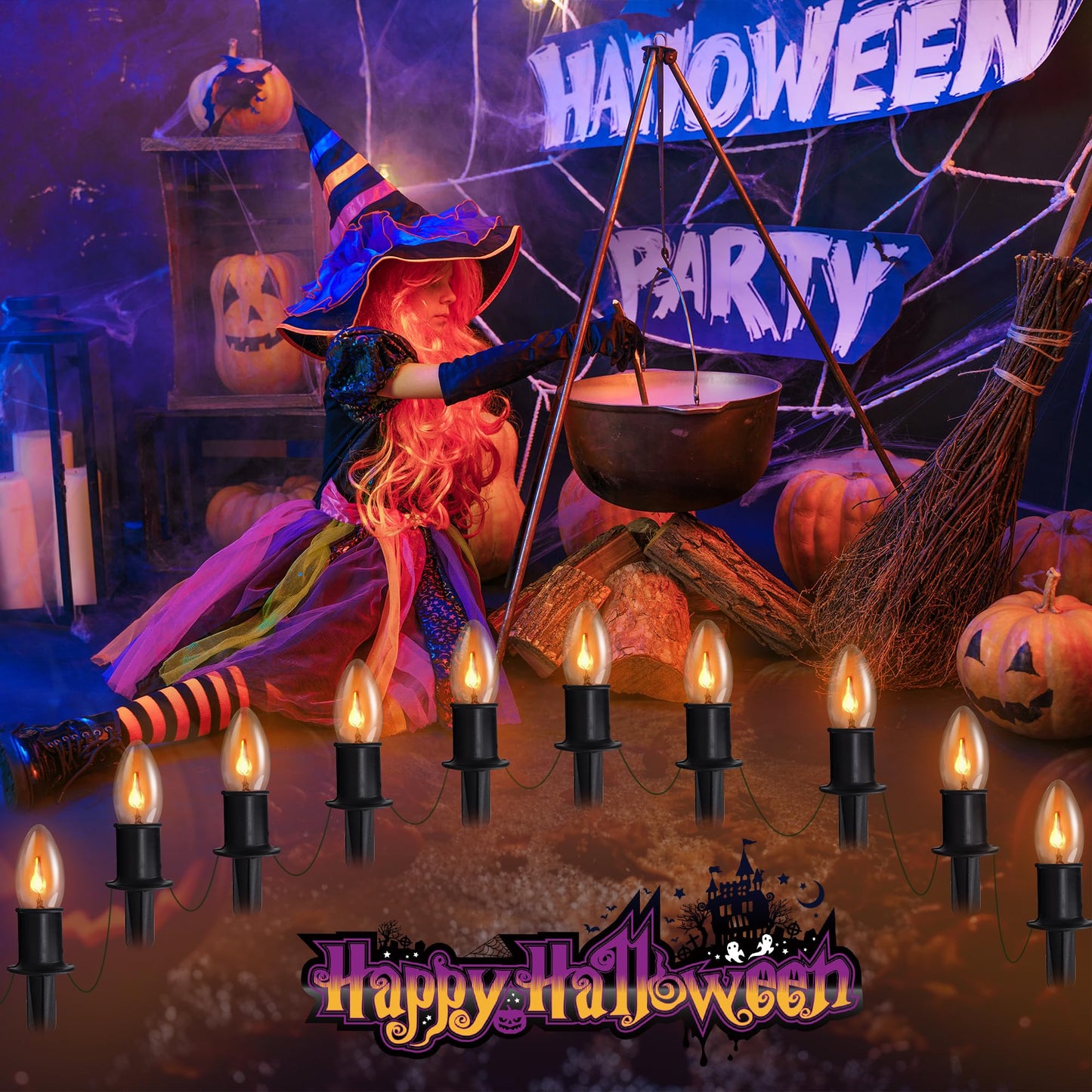 Flickering Flame String Lights Outdoor - C9 Pathway Flicker Fire Light Strand Plug in - Blood Twinkle Flames Light Bulbs for Fireplace Walkway - Halloween Decorations Twinkling Orange Bulb Lights