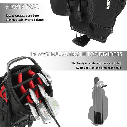 Golf Stand Bag Nylon Lightweight 14 Way Divider 6 Zipperd Pockets Golf Club Bag with Handle Rain Cover Dual Shoulder Straps Golf Towel for Men and Women(RED)