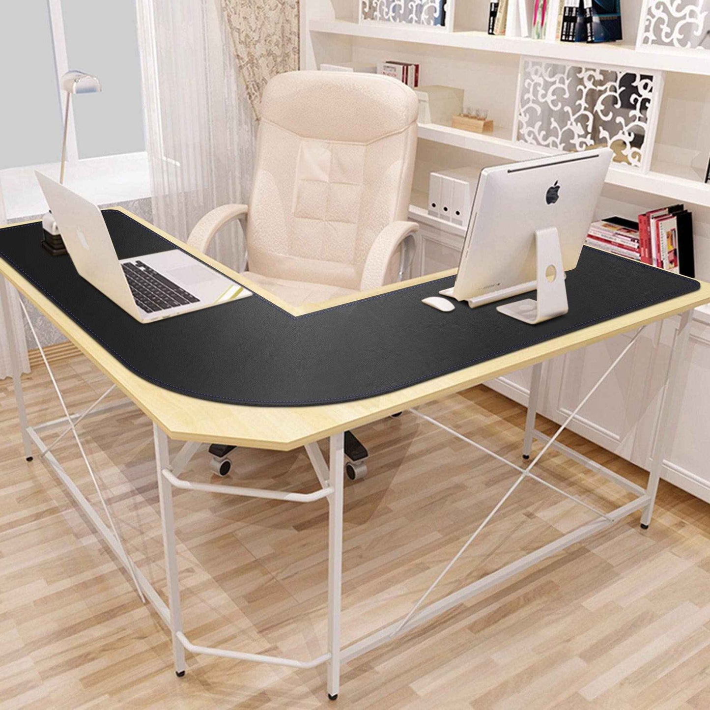 Mydours 53"x53"x16" L Shaped Office Mat, Full Desk Mouse Pad for Large L Shaped Gaming Desk Cover, Dual-Sided PU Leather Pad, Corner Mat for Home & Executive Office Desks, Black