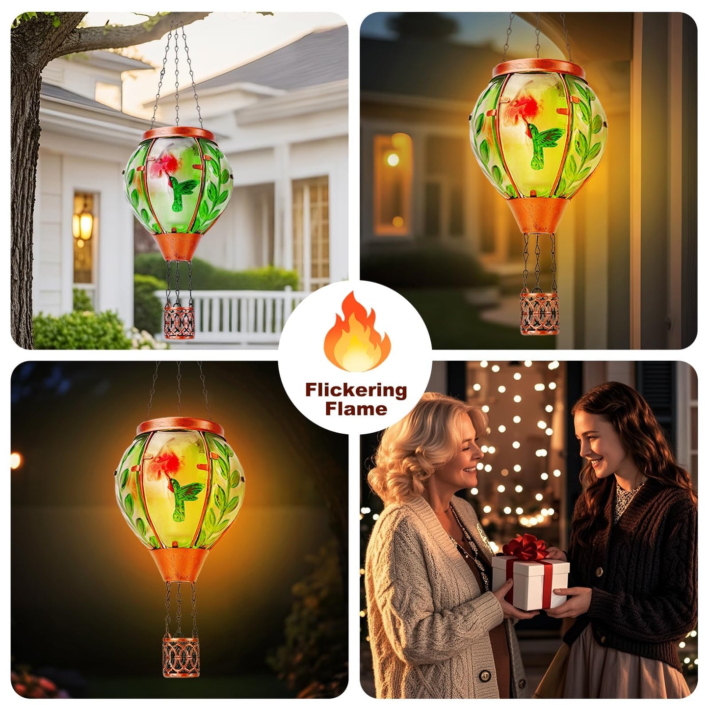 Hummingbird Solar Hot Air Balloon Lantern,Outdoor Decor with Flame Lights Waterproof, Hanging Lights for Garden Yard Lawn Patio, Unique Gifts for Women Mom Grandma Gardener for Mother'Day
