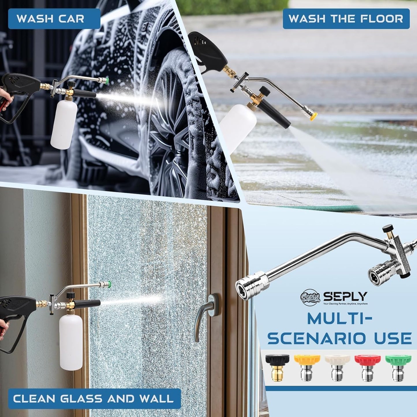 Foam Cannon Dual Connector Accessory, Pressure Washer Double Tip Attachment for Foam Blaster with 5 Pressure Washer Sprayer Nozzles, 1/4" Quick