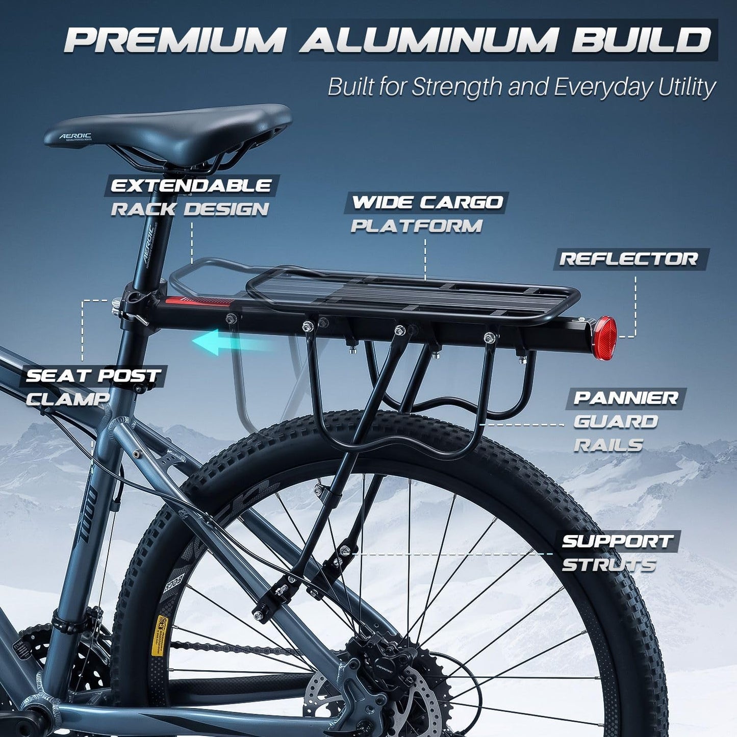 Flexzion Bike Rear Rack Mount - Bicycle Back Seat Pannier Luggage Backpack Cargo Basket Carrier Rack Adjustable Aluminum Alloy for Road MTB Mountain Folding Bike with Red Reflector 110Lb Capacity