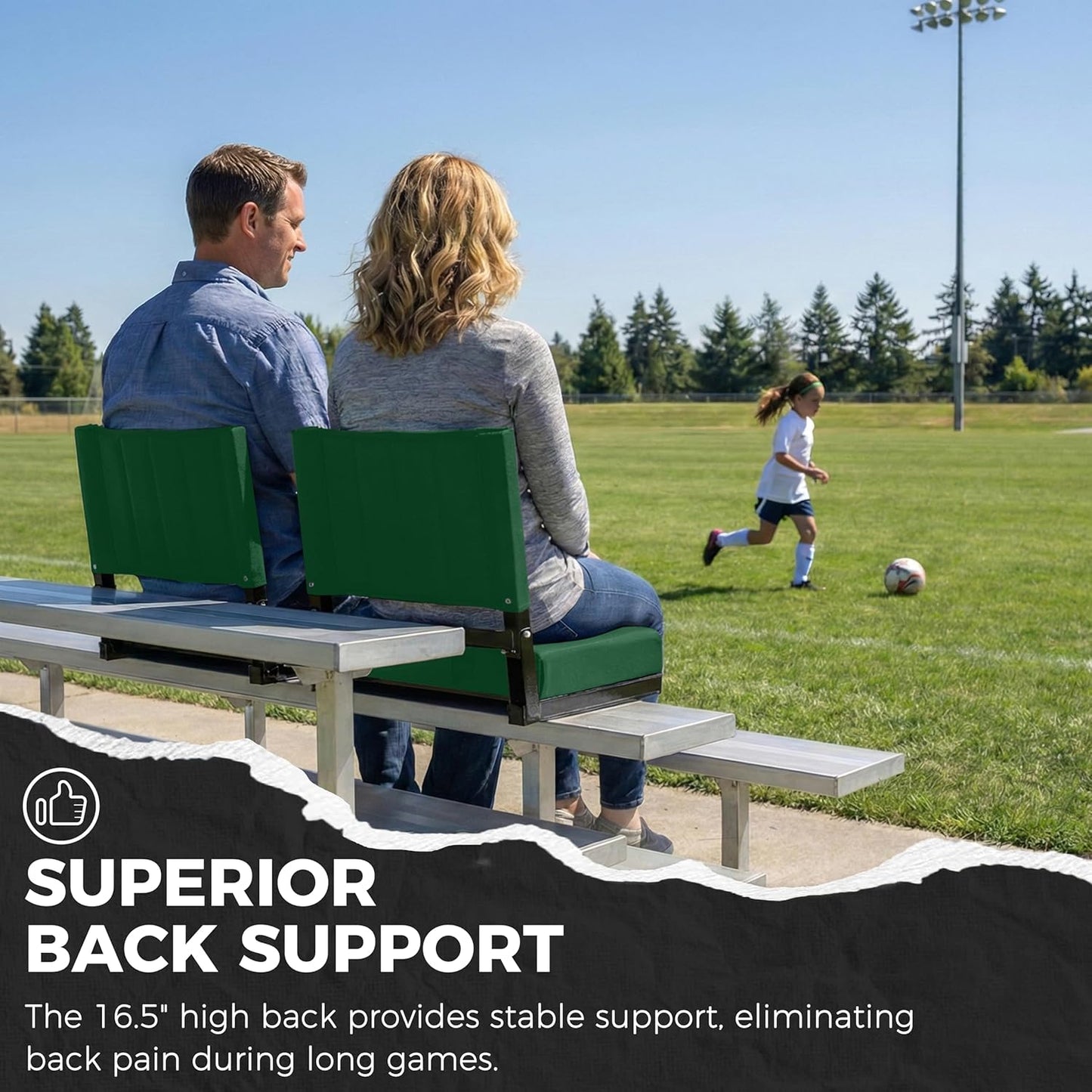 Sport Beats Stadium Seats - Comfortable Bleacher Chairs with Back Support & Cushion | Hunter Green, 2-Pack - 17" W x 12" D x 16.5" H