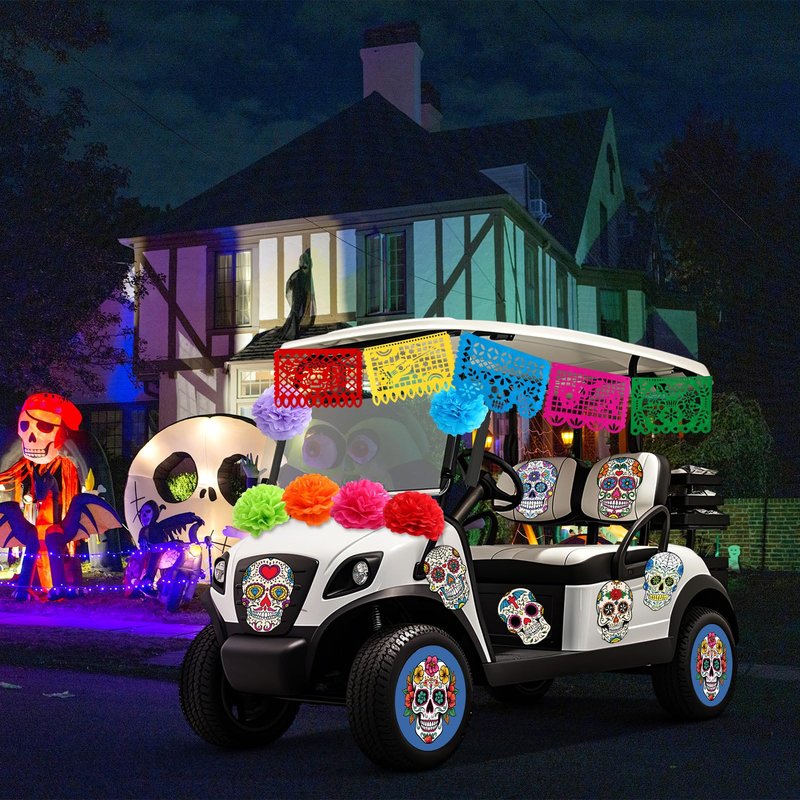 Faccito 19 Pcs Day of The Dead Golf Cart Decorations Dia De Los Muertos Car Decoration Picado Fiesta Banner Pom Poms Sugar Skull Stickers for Halloween Golf Cart Party Decor