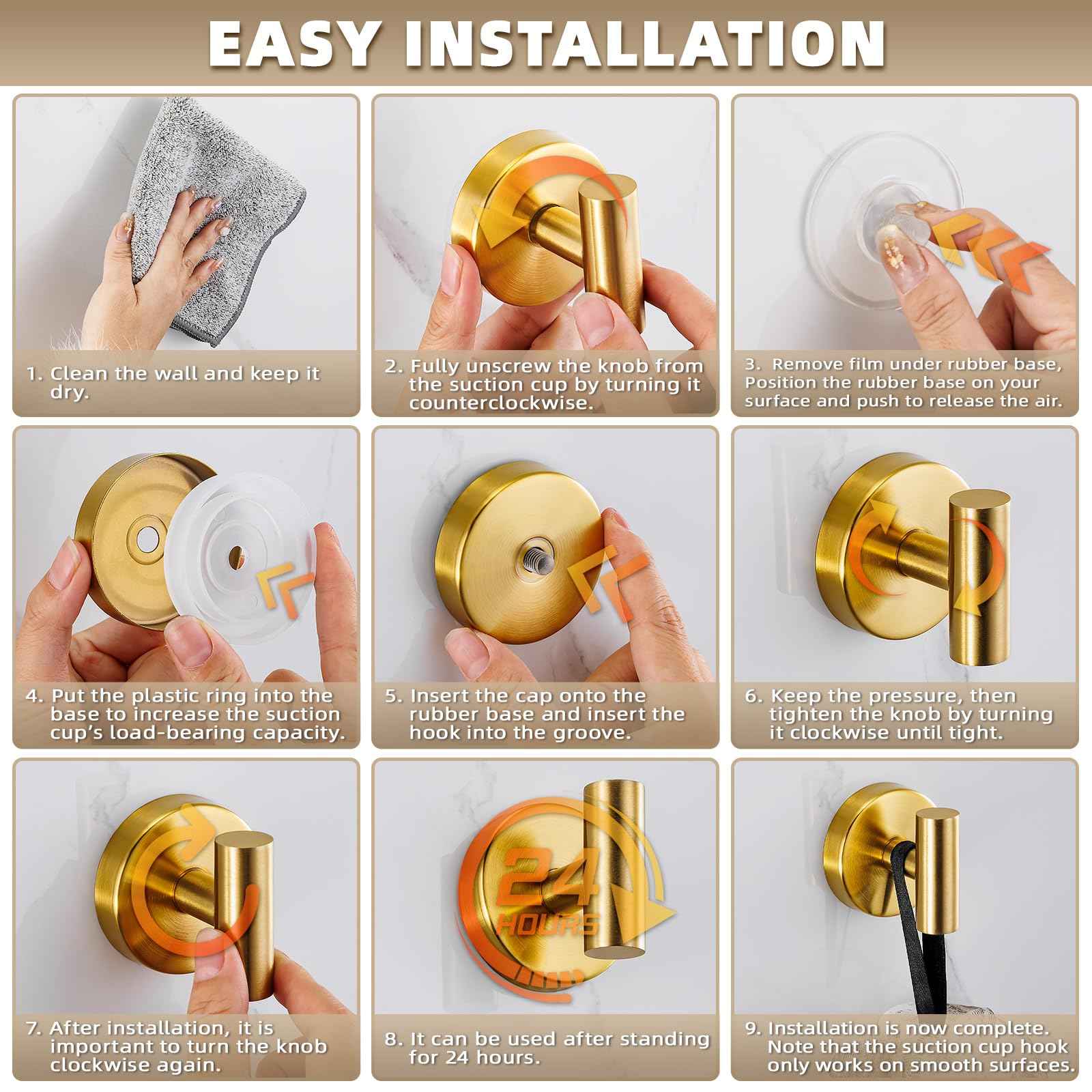 Fenas Suction Cup Hooks for Shower - Bathroom Reusable Hooks for Towels, Robes & Loofah - No-Drill Mounting on Kitchen,Walls,Metal,Glass,Mirrors,Tile & Smooth Non-Porous Surfaces (2, Brushed Gold)