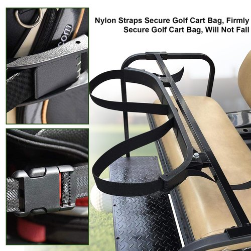 Universal Golf Cart Bag Holder Bracket Fit for Yamaha, EZGO and Club Car Rear Seat Kits, Golf Cart Rack Designed for 1-Inch Square Tube with Nylon Strap Attachment for Securing Golf Bag