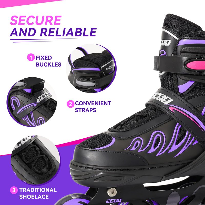 ECOO Inline Skates for Girls and Boys Ages 5-8 8-12 Light up Wheels, Adjustable Size Roller Skates Blades Kids Adult Women Outdoor