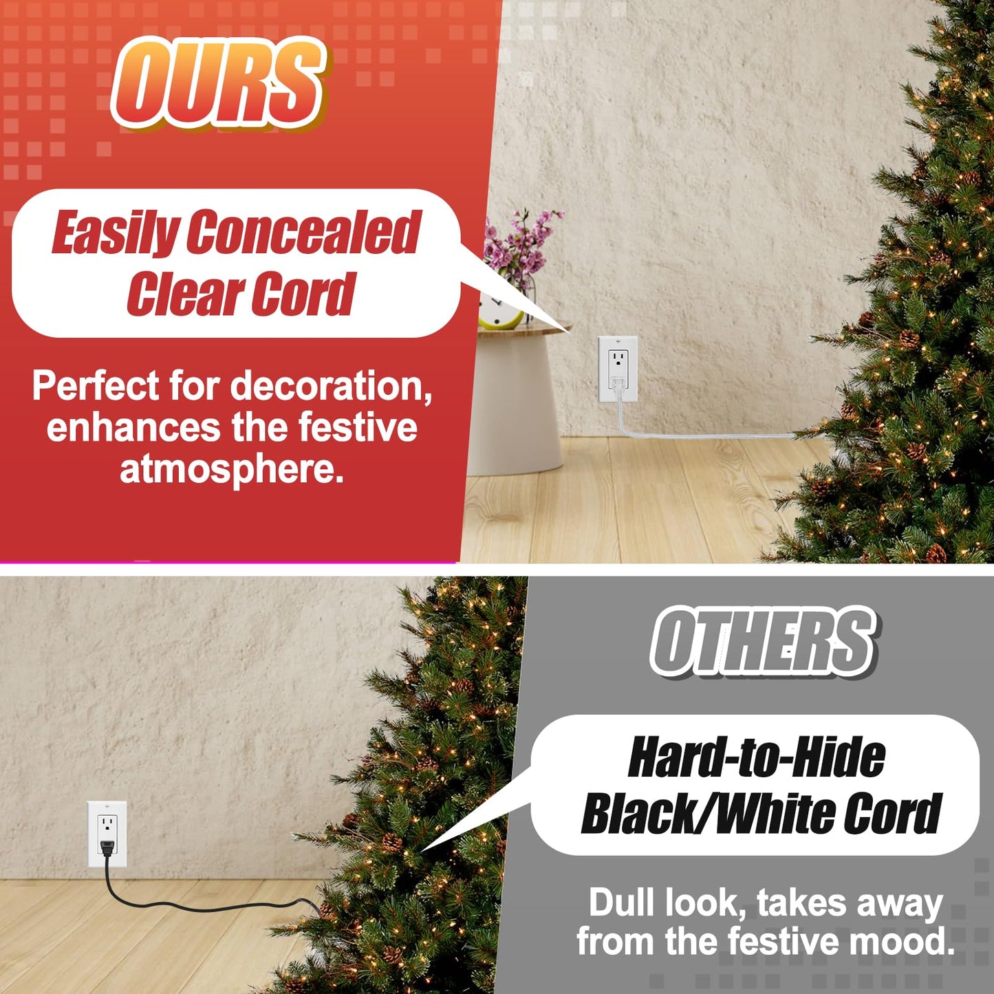 Clear Extension Cord - 6 FT Male to Female Invisible Indoor 2 Prong Power Cable, Thin for Christmas Tree Lighting, UL-Certified, 2 x 18 AWG 250V 6A