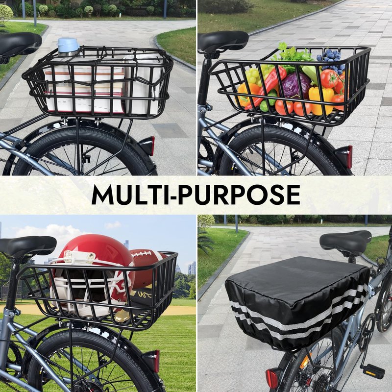 RAYMACE Bike Basket Rear with Cargo Net and High Reflectivity Waterproof Cover,Bicycle Baskets for Adult Bikes,Easy to Install and Large Capacity Bike Accessories