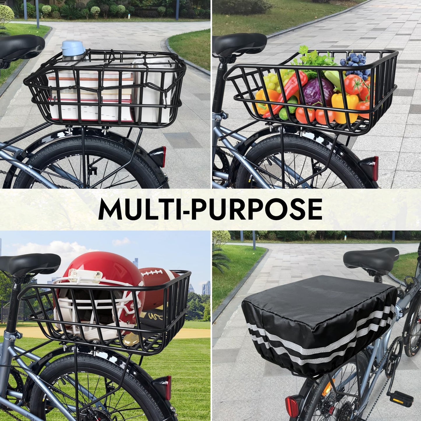 RAYMACE Bike Basket Rear with Cargo Net and High Reflectivity Waterproof Cover,Bicycle Baskets for Adult Bikes,Easy to Install and Large Capacity Bike Accessories