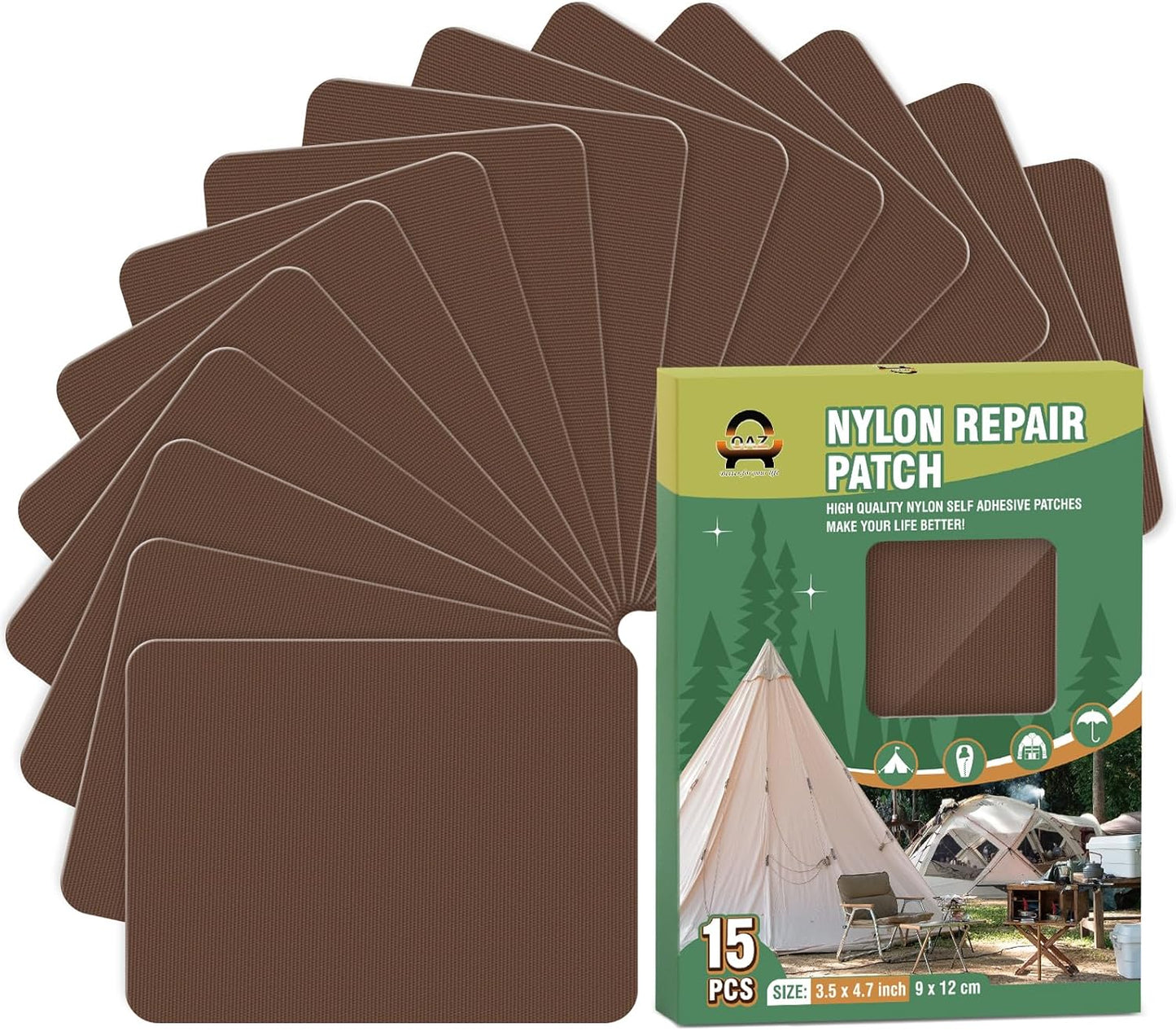 OAZ Nylon Repair Patches - 15 Self-Adhesive Waterproof Fabric Patches for Clothing & Gear (Brown)