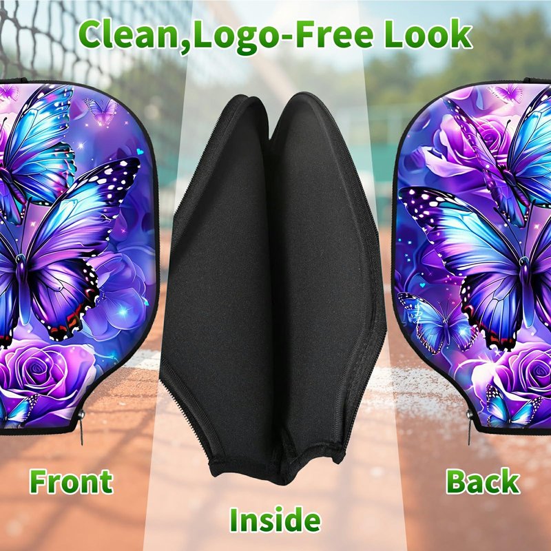 RWUTYTIUL Purple Butterfly Flower Pickle Ball Paddle Cover, Neoprene Pickleball Paddle Sleeve with Zippered Racket, Universal Paddle Storage Bag Size 8.66" x 11.4", Pickleball Paddle Case for Women