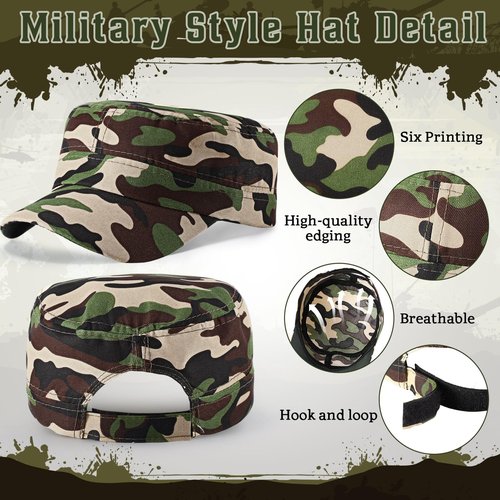 Eurzom 6 Pcs Military Style Hat Cadet Cap Army Basic Army Vintage Cap Adjustable Cotton Twill Flat Top Hats for Men Women (Camo)