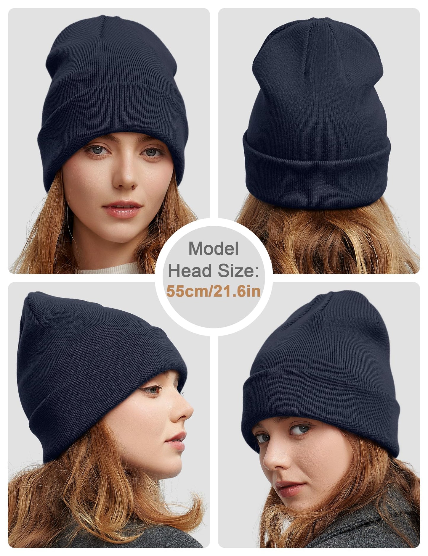Simapu Satin Lined Wool Beanie Hat for Women Men Fall Winter Fashion, Warm Knit Cuffed Fisherman Skull Cap/Slouchy Beanie, Navy Blue