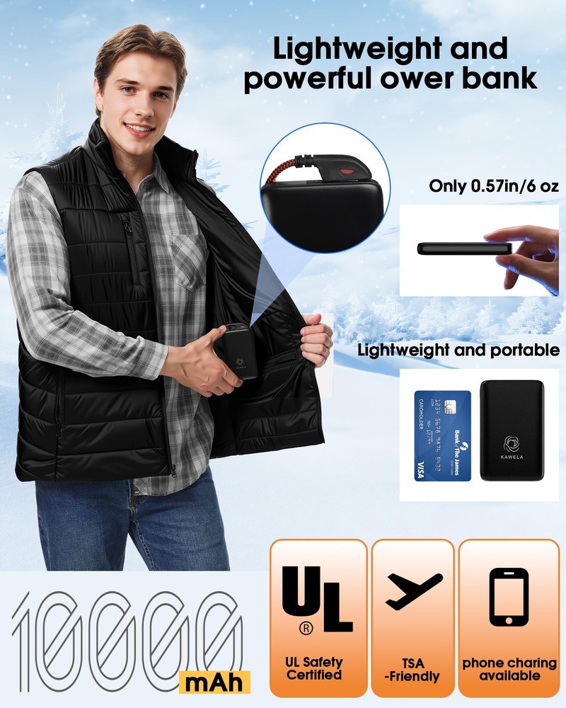 KAWELA Heated Vest for Men with Battery Pack Included, Rechargeable Electric Vest with 8 Heating Zones & 3 Temperature Settings for Hunting, Hiking, Outdoor (L,Black)
