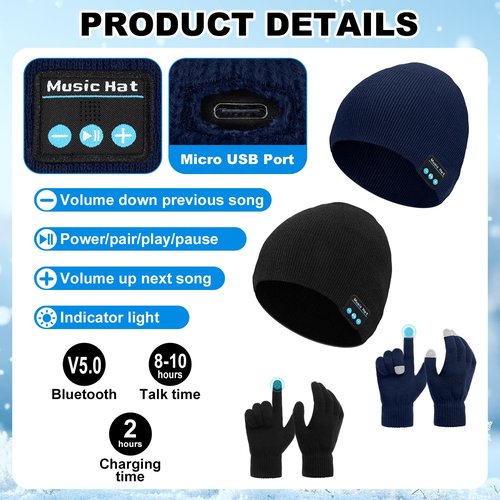 Honoson 4 Set Bluetooth Beanie Hat for Men Wireless Music Beanie with Gloves Winter Gift for Men Women Sports Winter Gift(Black, Navy)