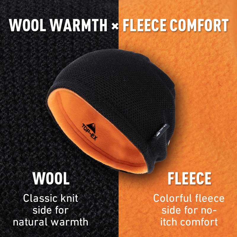 TOP-EX DryKnit Waterproof Reversible Wool Beanie Hat for Men Winter Knit Skull Cap Fleece Lined Windproof Watch Cap Gift for Dad Christmas Outdoor Work Ski Running Warm Black XL/XXL