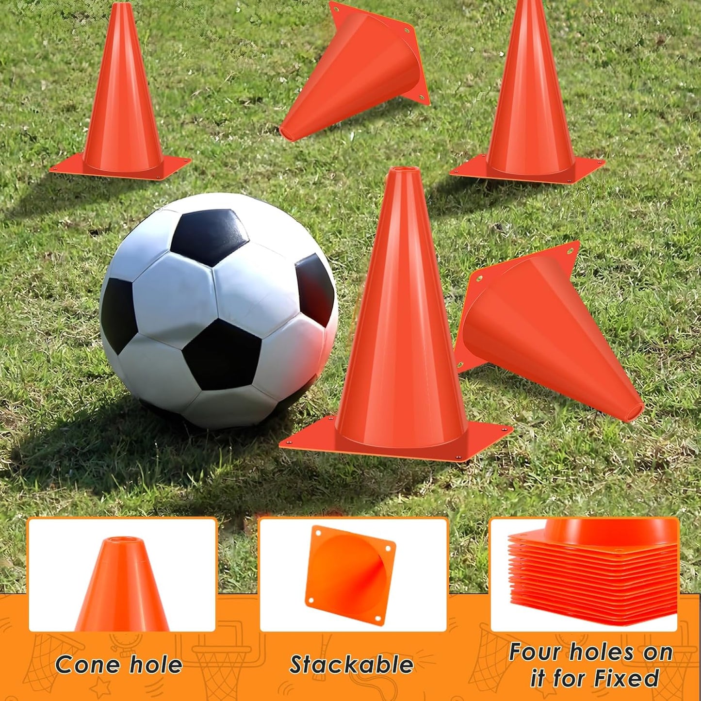 Skiennix 7-Inch Plastic Traffic Cones - 50 Pcs Orange Agility Training Markers for Soccer, Basketball & More
