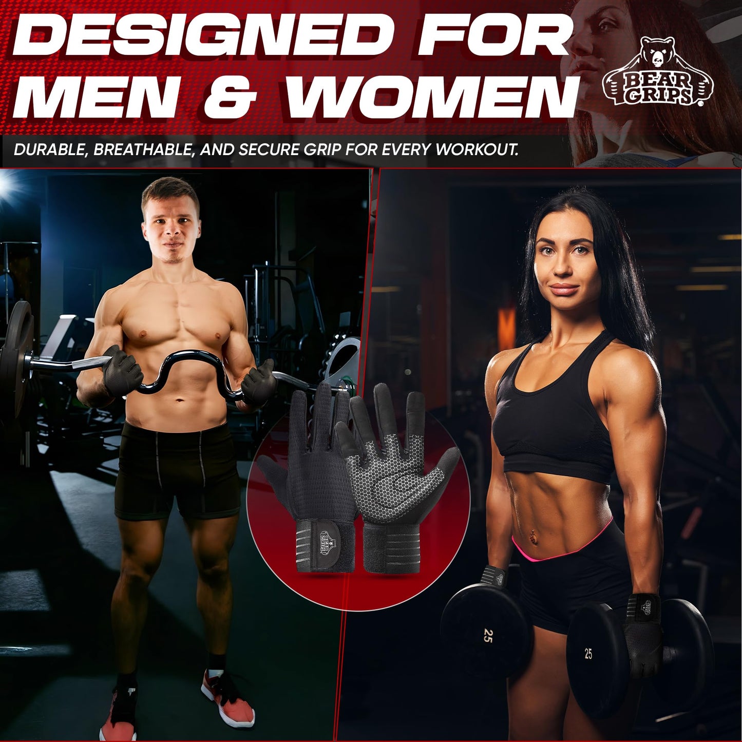 Bear Grips Weight Lifting Armor Gloves for Men & Women | Full Finger Lifting Armor & Workout Gloves (Black-Full Finger, Large)