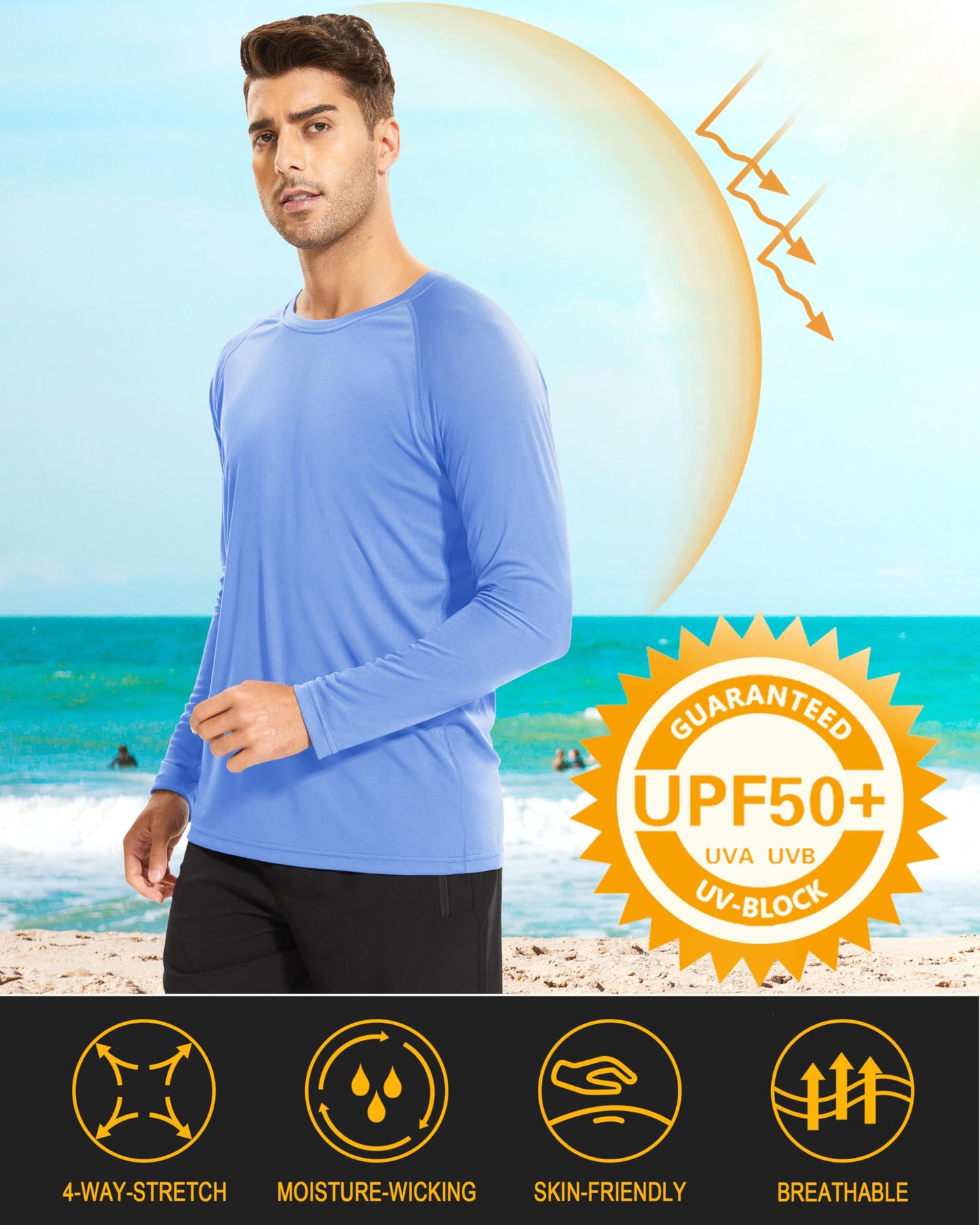 MAGCOMSEN Sun Protection Shirts for Men Long Sleeve Rash Guard Quick Dry UV Protection Swim UPF 50 UV Shirts Summer Light Blue