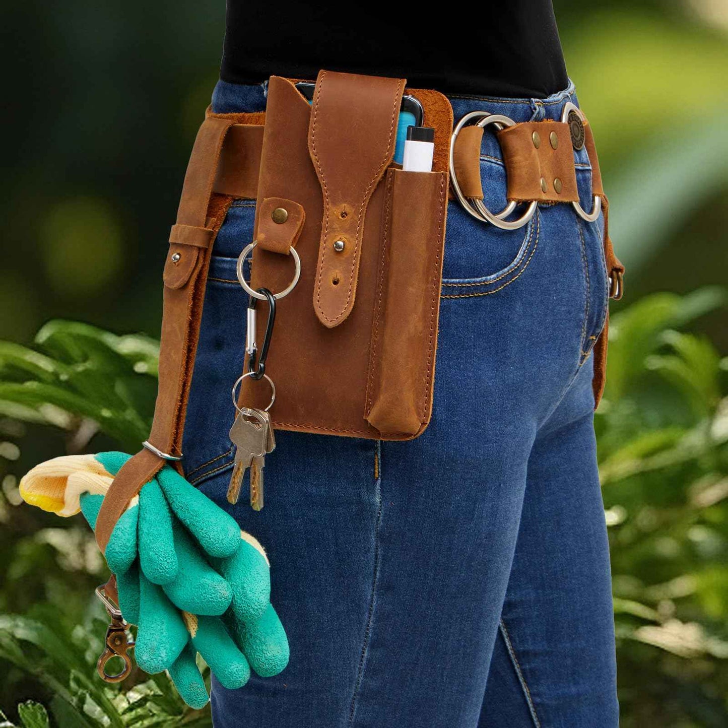 VGJ Leather Garden Tool Belt- Small Tool Belt-Tool Belts For Men,Gardener Gifts-Womens Tool Belt Bag,Florist Tool Belt Holster,Gardening Tool Belt,Electrician Carpenter Organizer, Natural Brown