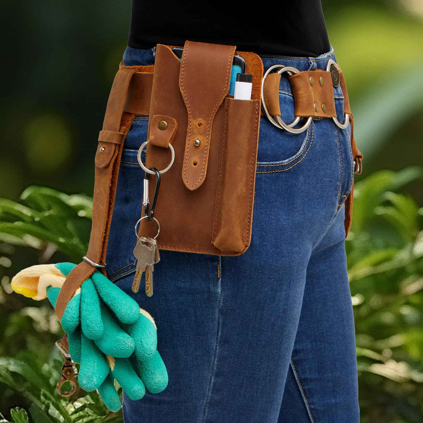 VGJ Leather Garden Tool Belt- Small Tool Belt-Tool Belts For Men,Gardener Gifts-Womens Tool Belt Bag,Florist Tool Belt Holster,Gardening Tool Belt,Electrician Carpenter Organizer, Natural Brown