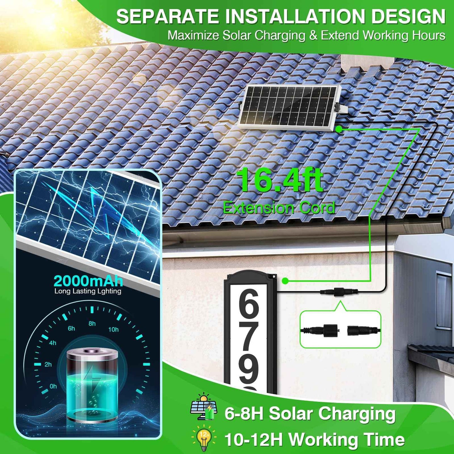 Solar House Numbers with Separate Panel, T-SUNUS Address Sign for Outside Horizontal & Vertical Mounted, Waterproof LED Number Plaque Street Yard Mailbox Visitor Mailman 911 Ubereats (RGB&White 6000K)
