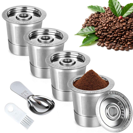 Reusable K Cups and Coffee Pods, Stainless Steel k Cups for Keurig Coffee Makers Machine, 4 Pack Keurig Coffee Filters With Spoon and Cleaning Brush