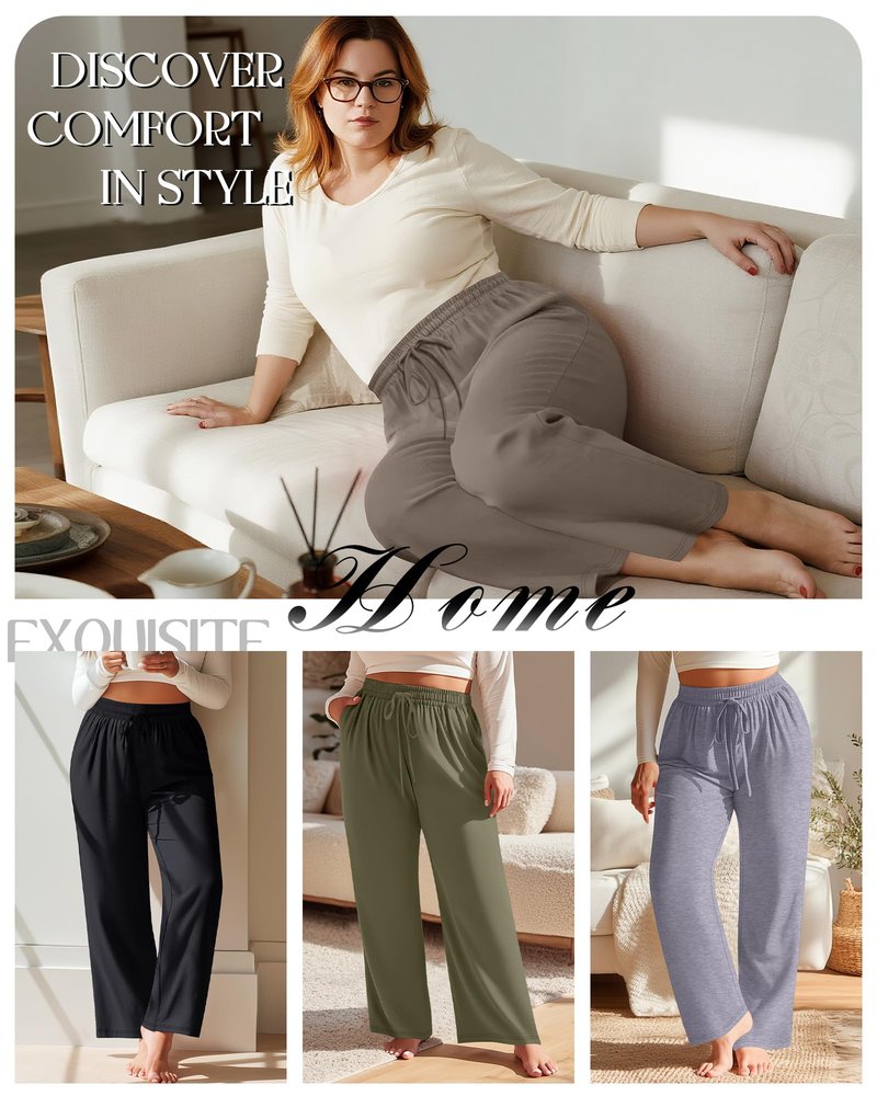 Neer 4 Pack Women's Plus Size Sweatpants Wide Leg Elastic Waist Lounge Yoga Pants Loose Fit Drawstring Jogger with Pockets(Black, Coffee, Army Green, Light Mixed Gray,XX-Large)