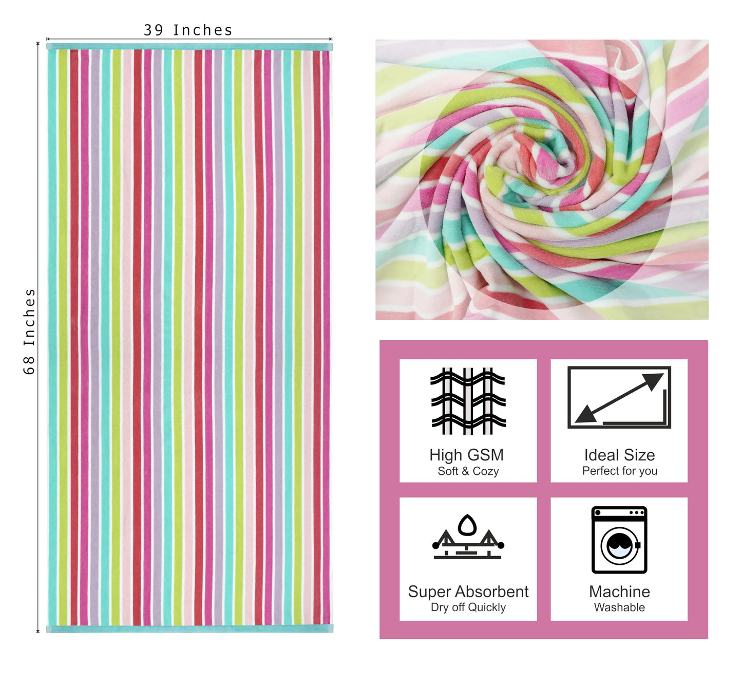 COTTON CRAFT Hooded Beach Towel – Oversized 39 x 68 Towel with Hood for Adults - 100% Cotton Velour Dobby Terry 450 GSM Pool Bath Wrap - Soft Absorbent Quick Dry – Pink Multi