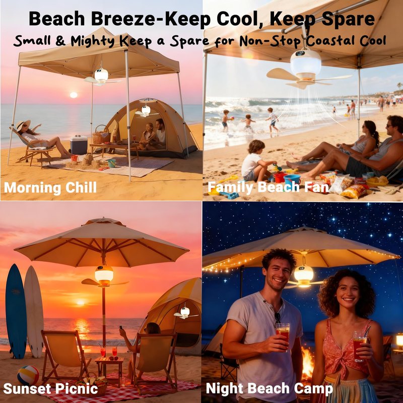 Negxi Camping Fan with Light & Remote, Portable Ceiling Fan for Tents, Canopy, Beach, RV, Car, Camper & Outdoor, Wireless Rechargeable Hanging Pop up Tent Fan - 3 Speed Breeze & Timer, 10.63 Inch