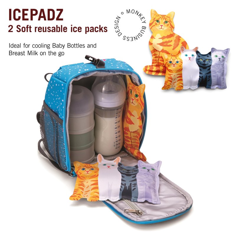 Monkey Business Icepadz Soft Ice Pack Set, 2 Reusable Ice Packs for Baby Bottles and Breast Milk, Slim Ice Pack for Cooler and Lunch Box, (Icepadz - Kitty)