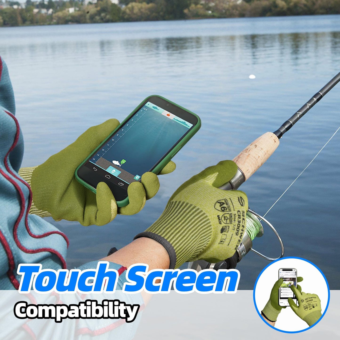Schwer 2 Pairs ANSI A6 Cut Resistant Fishing Gloves, CR3009 Touchscreen Compatible Work Gloves for Men and Women, Non Slip, Ideal for Fishing, Hunting, Hiking, Cycling, and Outdoor Activities, L