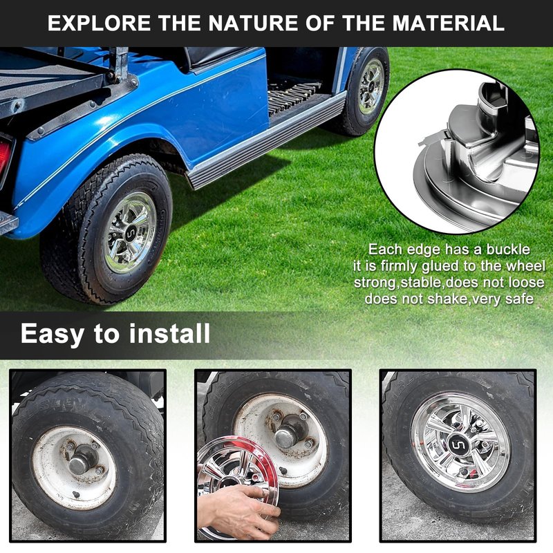 Shu-Ran 8 Inch Golf Cart Wheel Cover Hub Caps, Universal Chrome Golf Cart Hub Caps Snap-on Installation for Most Golf Carts Yamaha, Club Car, EZGO (Set of 4)