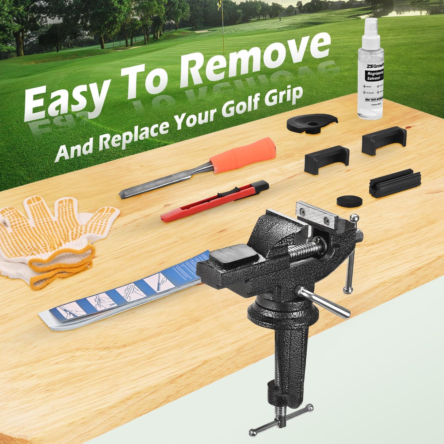 ZSGrowth Golf Grip Regripping Kit with Tapes & Solvent,Portable Table Vise Rubber Clamp for Golf Clubs Removal Tool,Golf Grip Replacement Kit