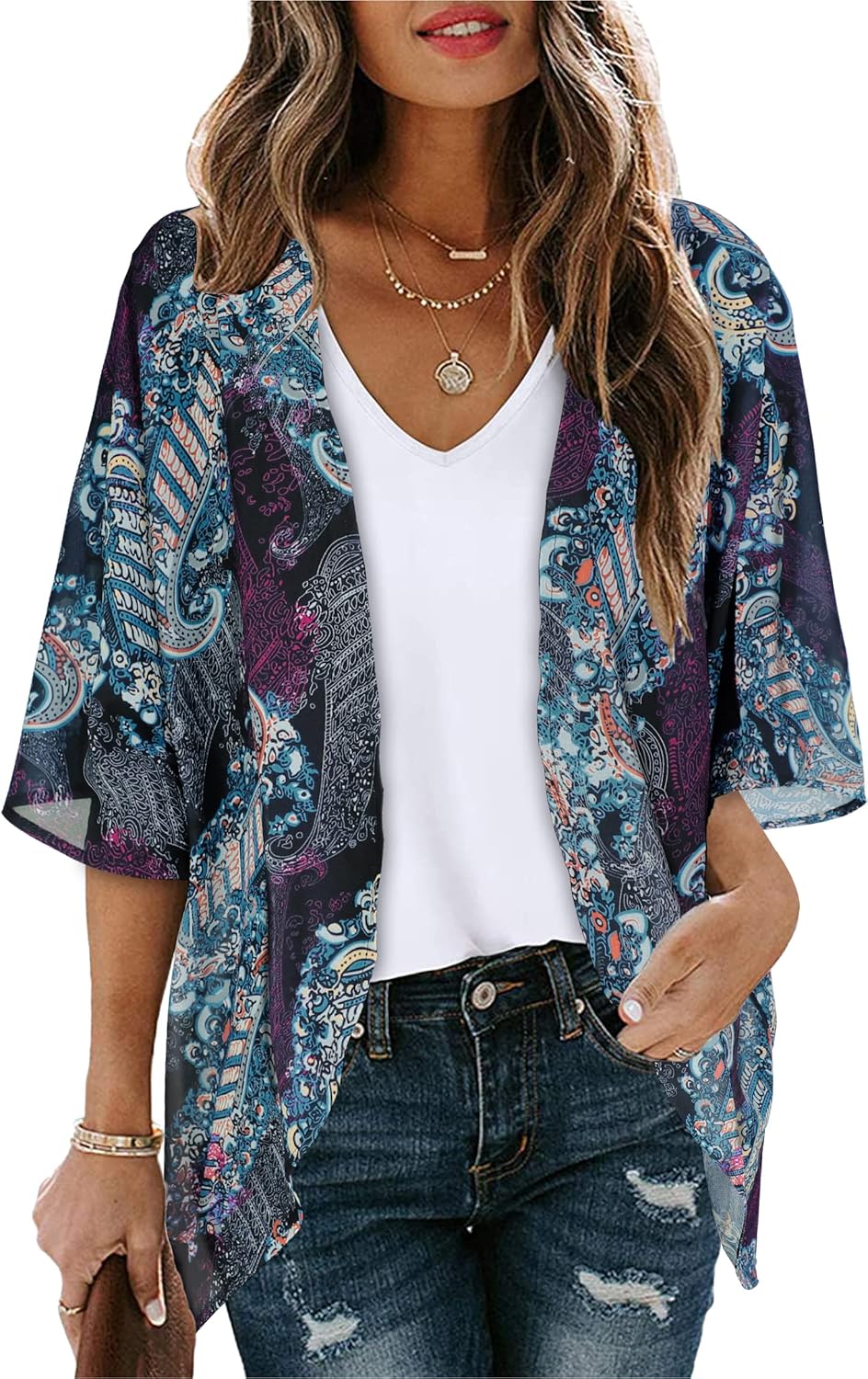 Regine Switzerland Women's Floral Print Kimono Cardigan - Casual Puff Sleeve Cover-Up