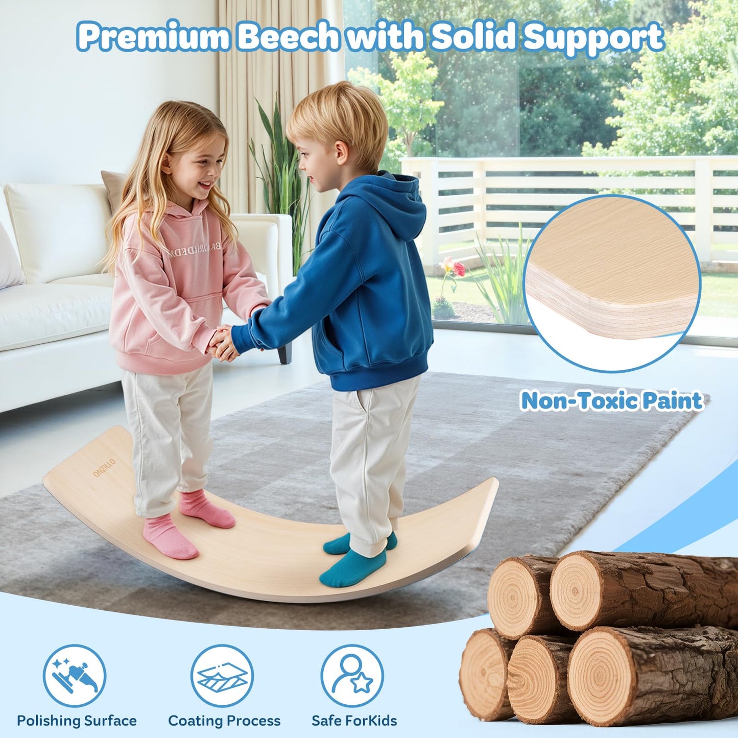 Balance Board, 35 Inch Natural Wooden Wobble Balancing Board, Rocker Board with Non Slip Felt Curvy Board Wood with Stickers