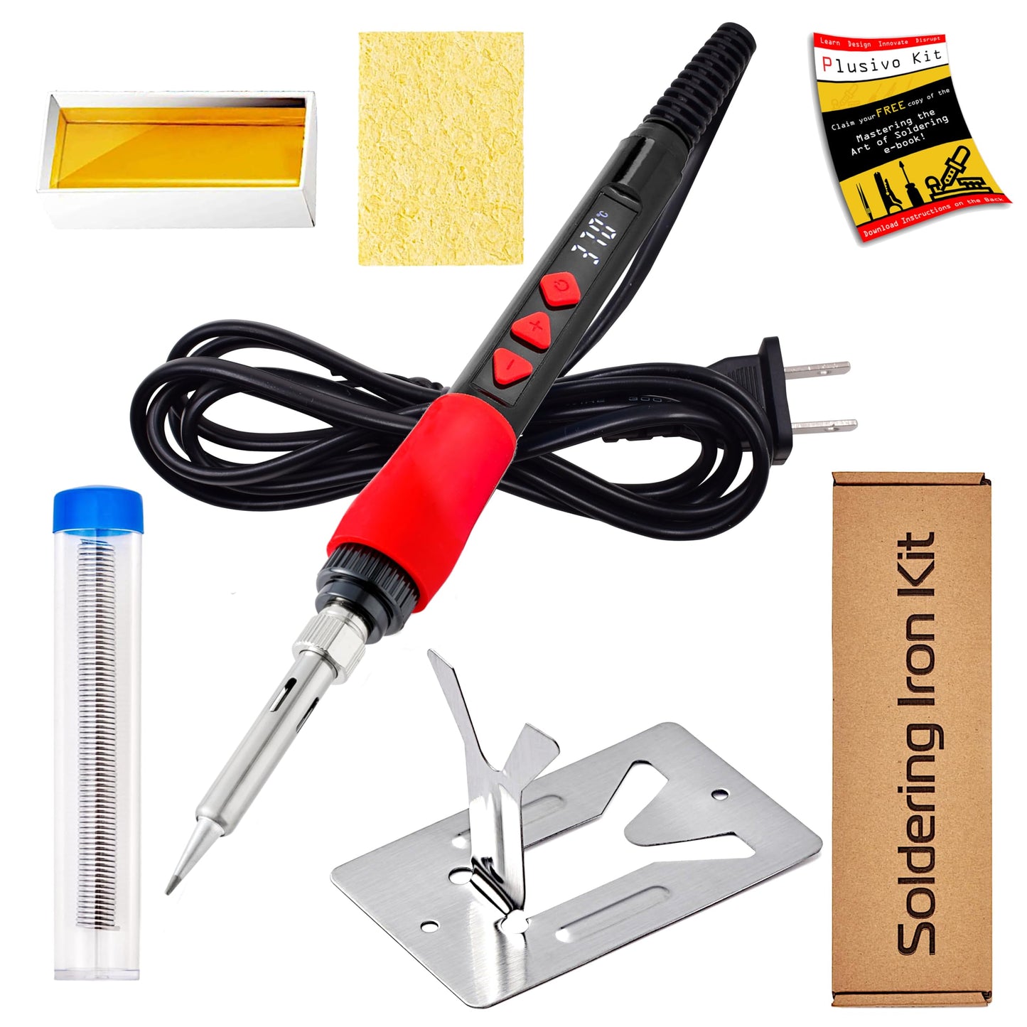 Soldering Iron Kit, 60W 120V Digital LED Display 5-in-1, Solder Wire, Flux Rosin Paste, Mini Stand, Sponge, Portable Fast Heating Welding Tool for Electric Repair Hobby DIY from Plusivo