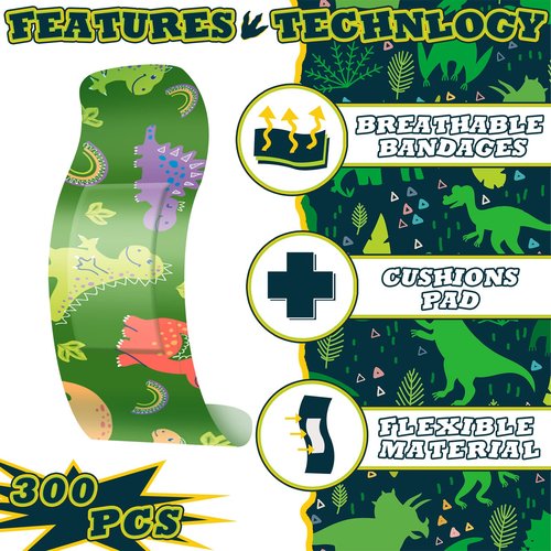 Estune 300 Pcs Kids Bandages Bulk Dinosaur 15 Styles Fun Valentines Classroom Gifts for Children Adhesive Colorful Flexible Cartoon Dinosaur Bandages Variety Pack for Kids Boys Girls Students School