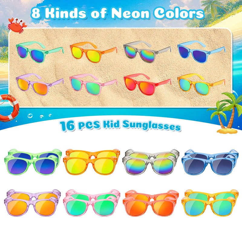 Froman Kids Sunglasses Bulk - 16 Pack Party Favors for Boys Girls Ages 3-8, Neon Colors with UV 400 Protection, Birthday Goodie Bag Stuffers