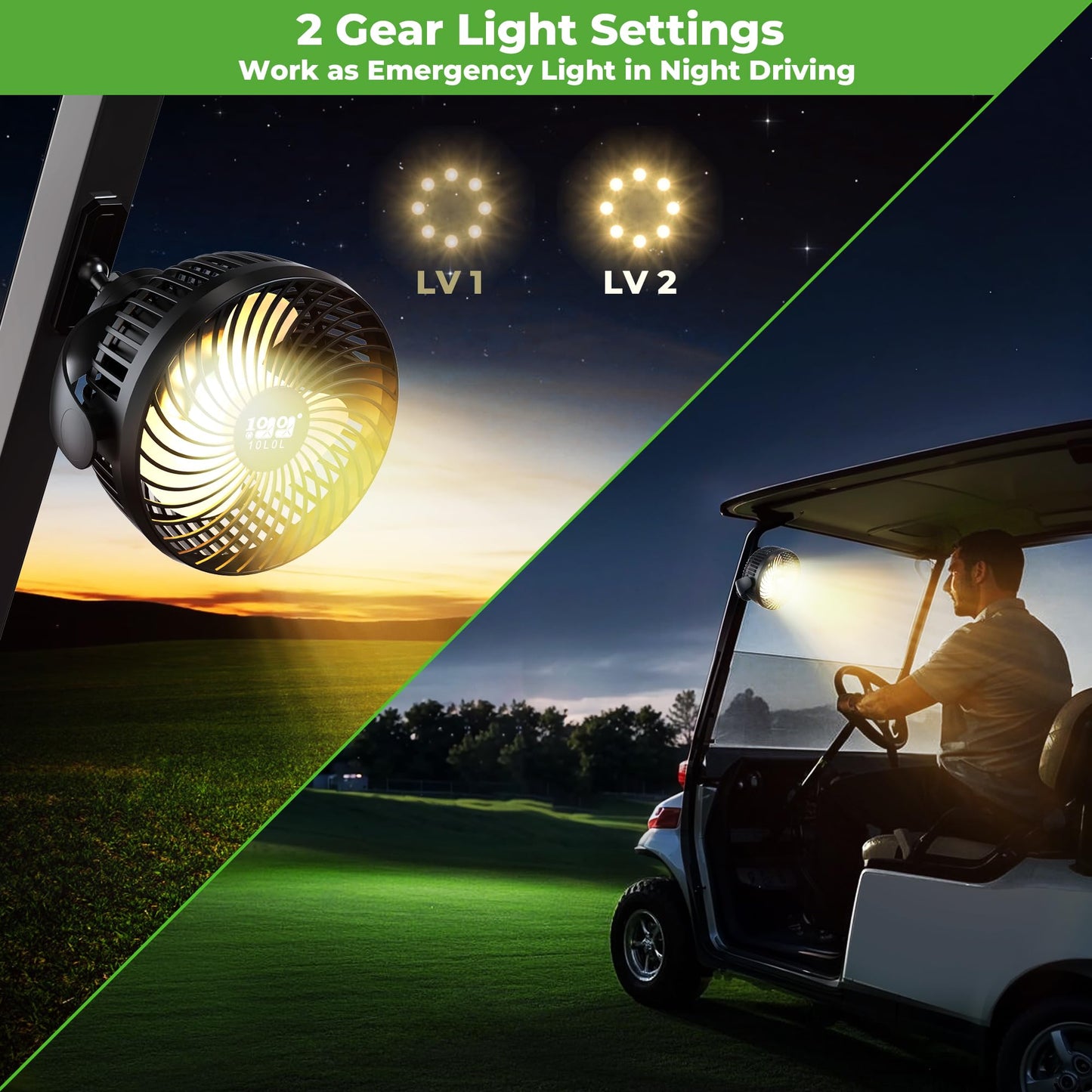 10L0L Magnetic Golf Cart Fan Rechargeable 10000mAh Battery Powered Fan with Light, Magnetic Base,3 Speeds/56 Hrs Runtime/360°Rotatable, Universal for EZGO Club Car Yamaha Summer Golf Cart Accessories