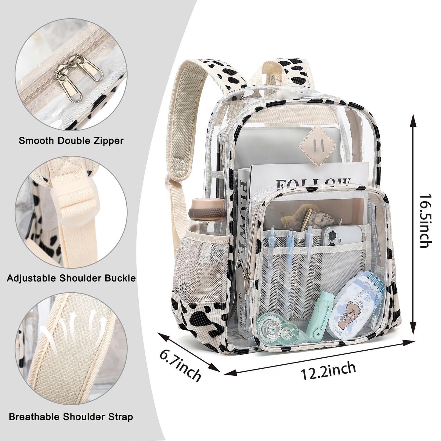 Xunteny Clear Backpack for Girls Women School Bookbag Heavy Duty Transparent Backpacks (Corduroy Cow Print Black)