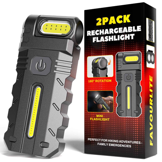 Favourlite 2PACK LED Flashlight Rechargeable, 600 Lumens Portable Flat Mini Flashlights with Clip Magnetic Small Flashlight for Camping, Emergency, Hiking (2, Black)