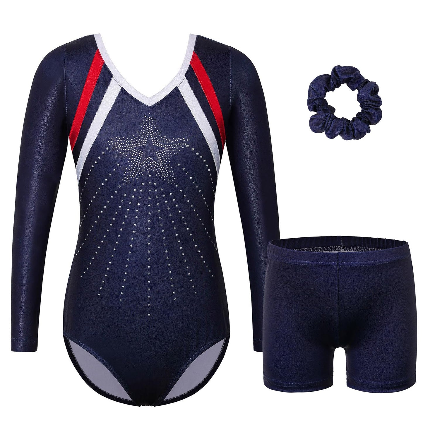 Gymnastics Leotards for Girls with Shorts Set Shiny Navy Dance Outfit