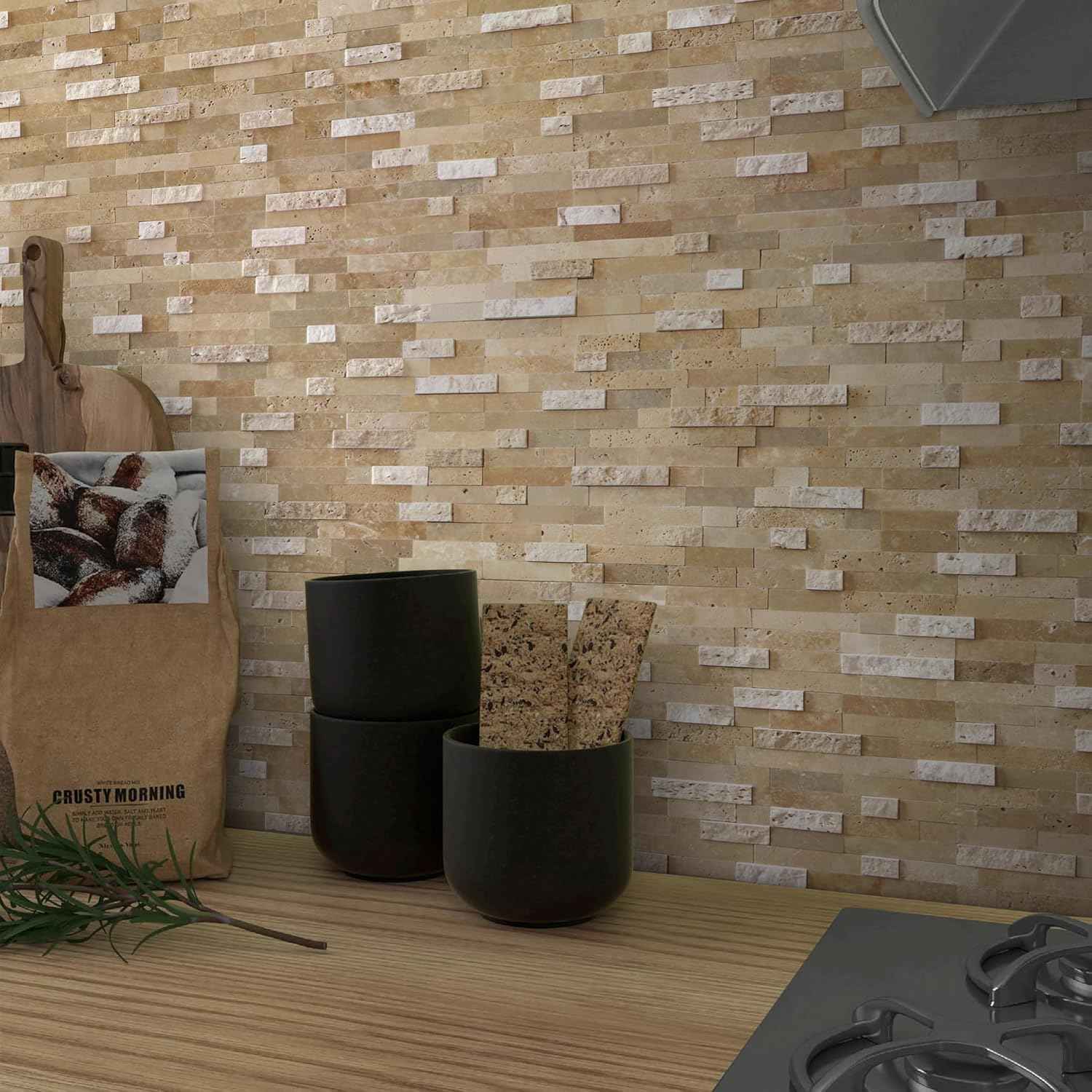 Peel and Stick 3D Stone Mosaic Tiles - 12x11" Self-Adhesive Backsplash for Kitchen & Bathroom - 5 Sheets, Mixed Tan