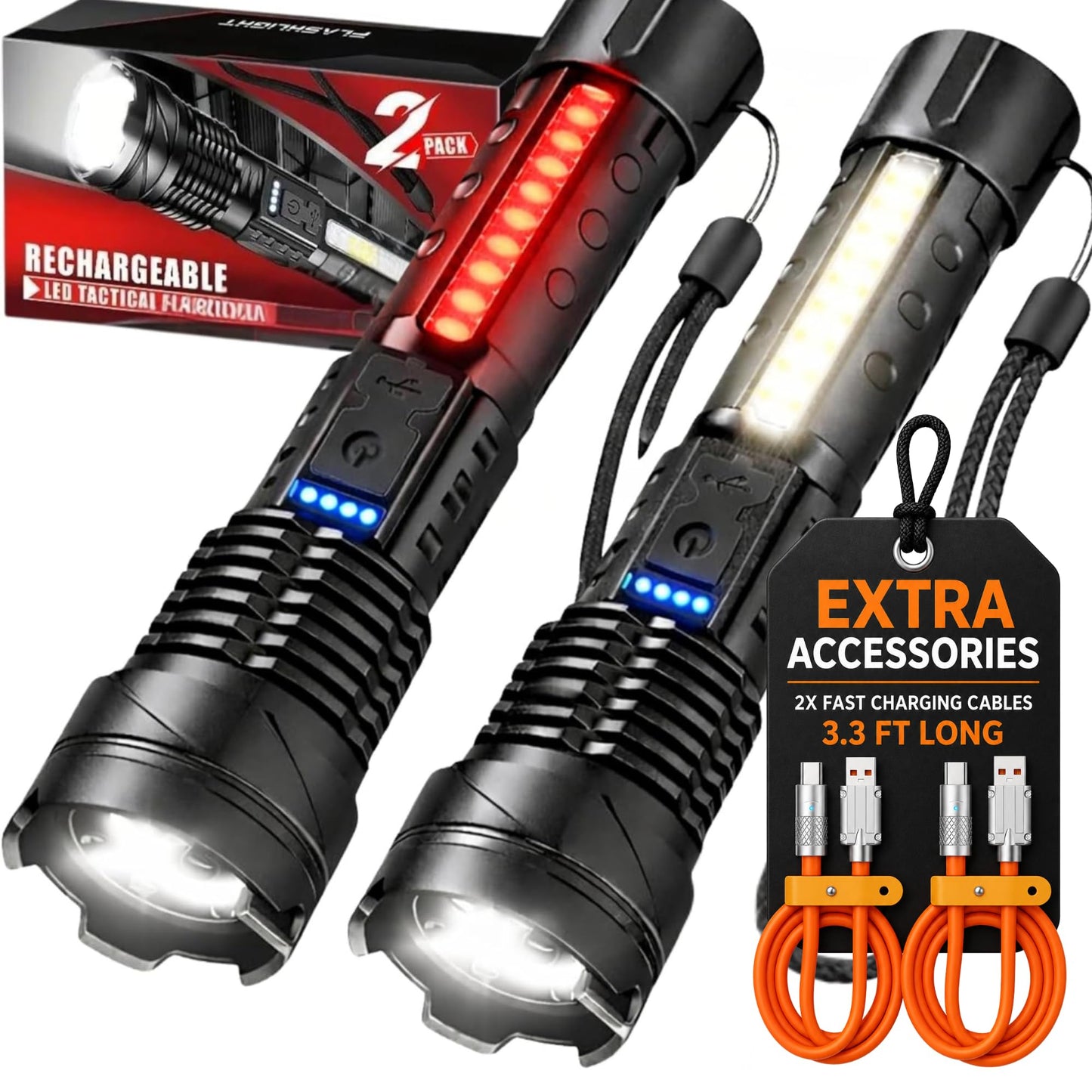 KAIKERON PRO Rechargeable Flashlights 2 Pack Tactical Flashlight Set Super Bright High Lumens Flash Light 7 Modes Zoomable Linterna Waterproof EDC Pocket Lights for Emergency Camping Home & Car USB-C