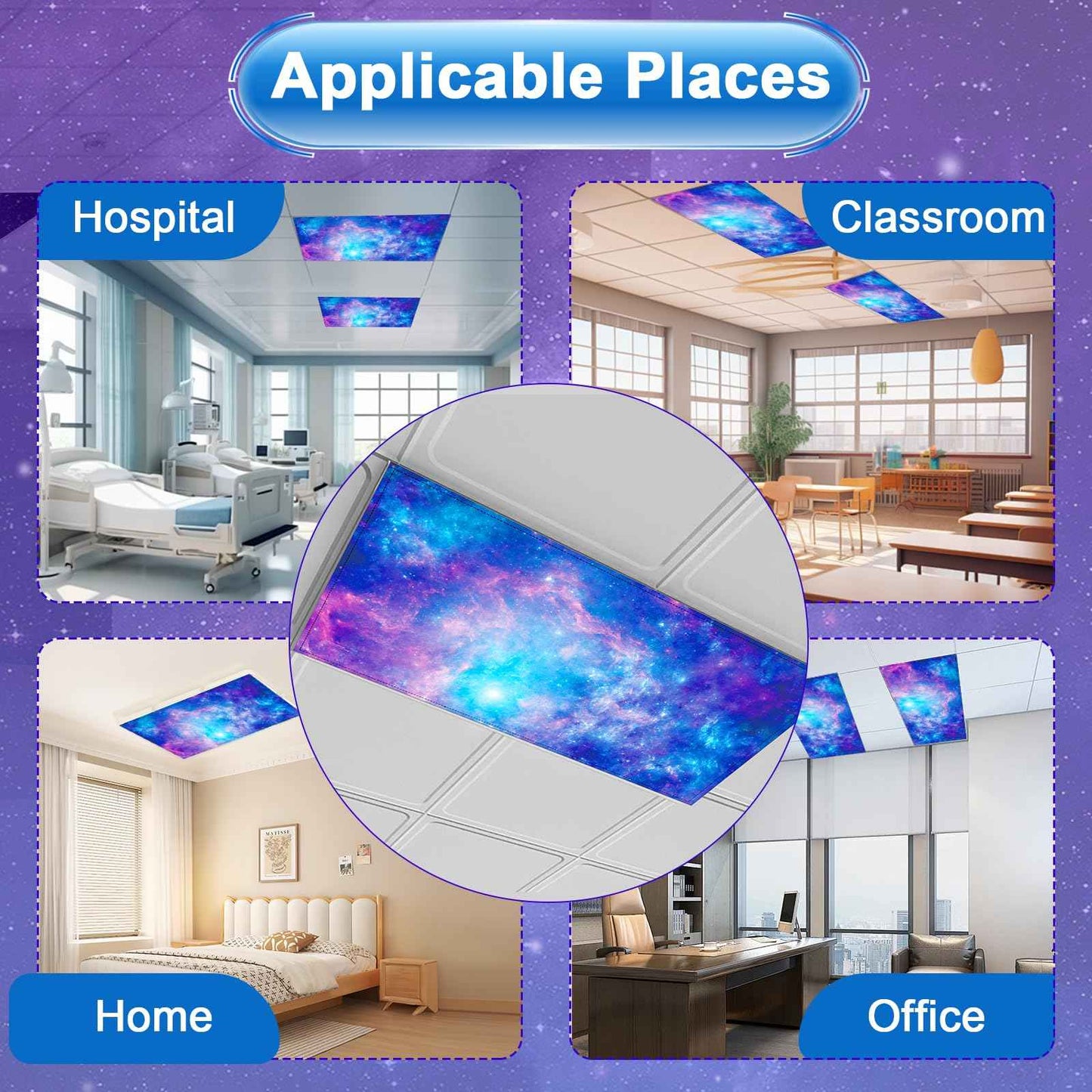 4 Pcs Fluorescent Light Covers for Ceiling Lights Classroom, Stylish Fluorescent Lampshades Classroom Light Covers Magnetic, Modern Ceiling Light Cover for Office, Home, Hospital (Purple Galaxy)